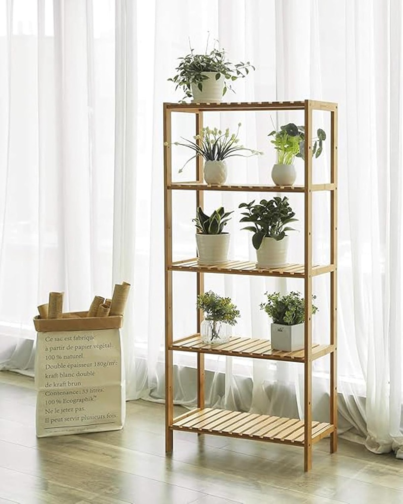 SONGMICS Banyo Rafı 5 Katlı Bambu Dik Raf 9 Seviyede Yüksekliği Ayarlanabilir Çok Fonksiyonlu, Oturma Odası, Koridor, Mutfak İçin Uygun 60x26x130 cm Doğal Renk Bcb35Y