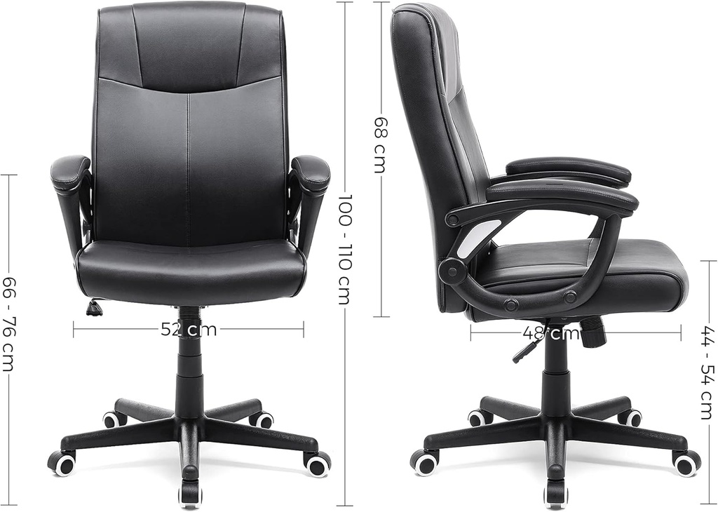 SONGMICS Ofis Sandalyesi PU, Yüksekliği Ayarlanabilir Ergonomik Tasarım, Döner Sandalye, Siyah, OBG32B, 66 x 66 x 110 cm