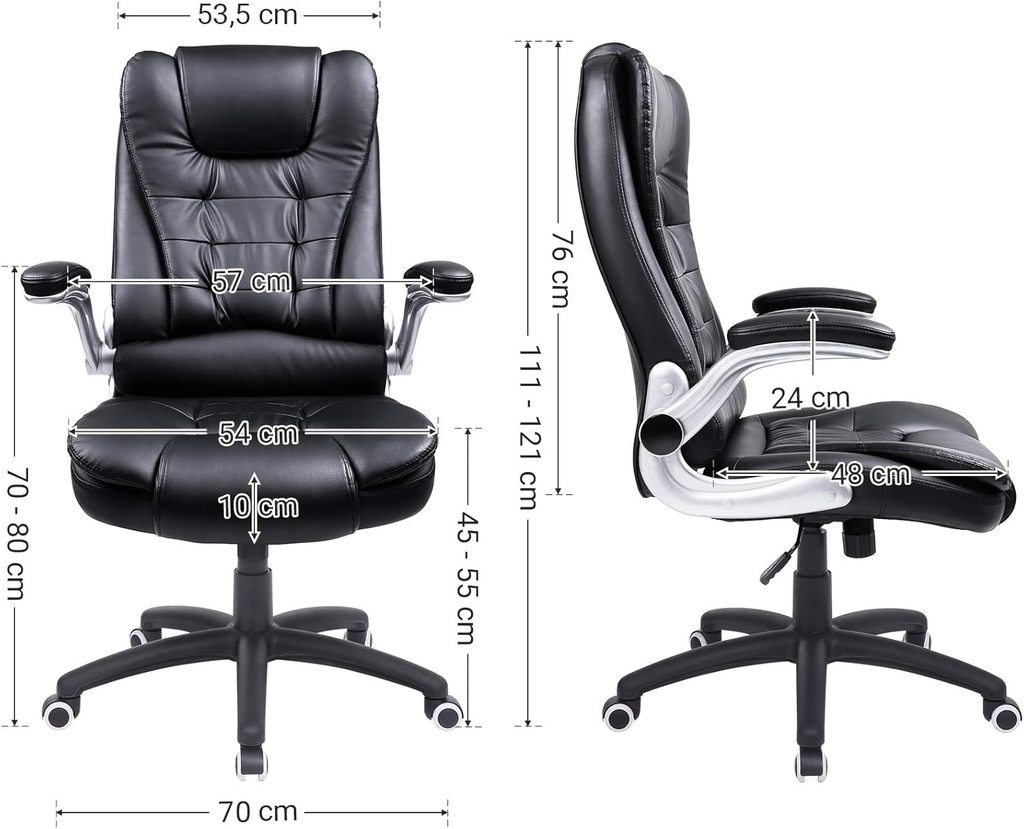 SONGMICS Ofis Koltuğu, Yönetici Koltuğu, Döner Sandalye, Siyah, Obg51B, 111 X 77 X 71