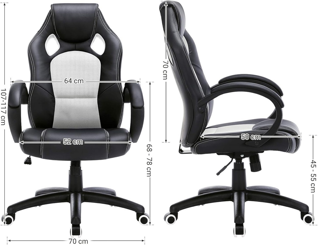SONGMICS Yarış Koltuğu, Ofis Koltuğu, Oyun Koltuğu, Yönetici Koltuğu, Döner Sandalye, Poliüretan, Beyaz, Obg56Bw