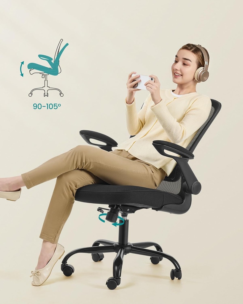 SONGMICS ofis koltuğu, masa sandalyesi, file kaplamalı döner sandalye, ergonomik, yastıklı bel desteği, sallanma fonksiyonu, 53 cm koltuk, katlanır kolçaklar, siyah OBN37BK