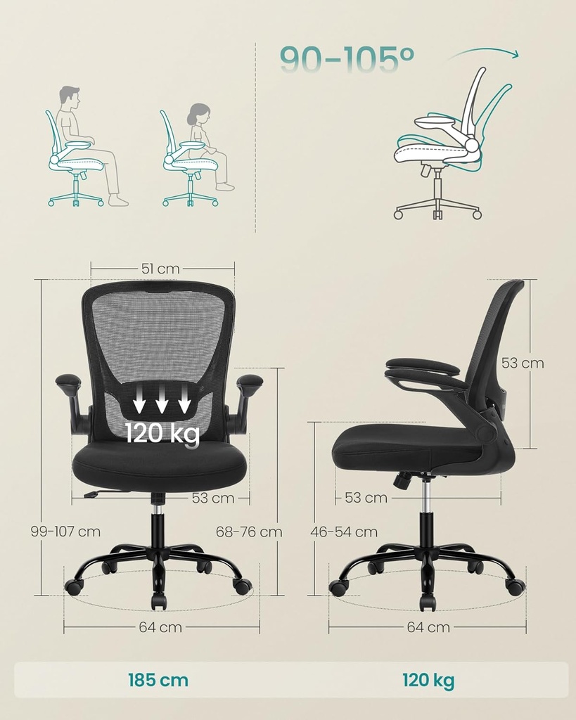 SONGMICS ofis koltuğu, masa sandalyesi, file kaplamalı döner sandalye, ergonomik, yastıklı bel desteği, sallanma fonksiyonu, 53 cm koltuk, katlanır kolçaklar, siyah OBN37BK