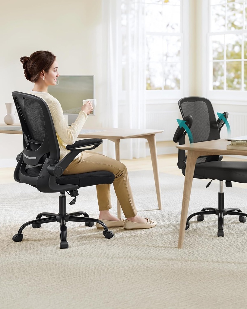SONGMICS ofis koltuğu, masa sandalyesi, file kaplamalı döner sandalye, ergonomik, yastıklı bel desteği, sallanma fonksiyonu, 53 cm koltuk, katlanır kolçaklar, siyah OBN37BK