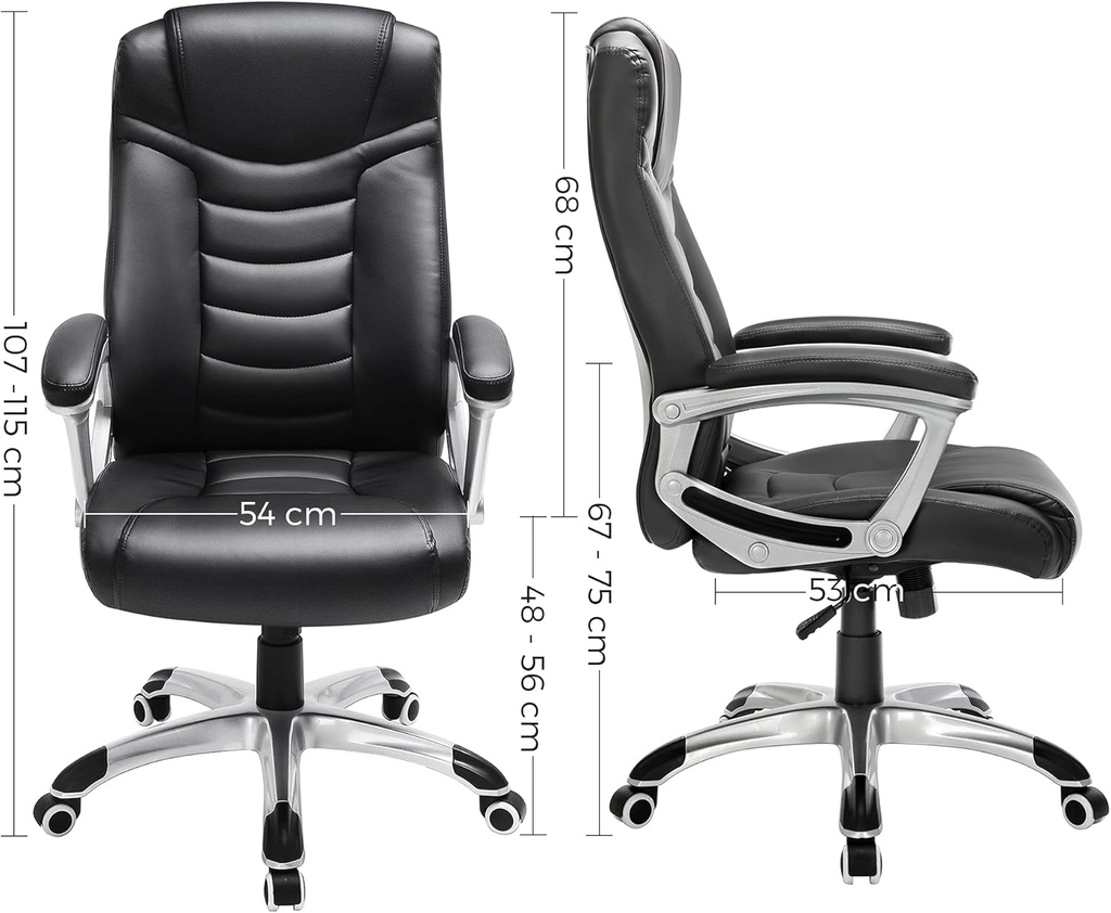 SONGMICS Ergonomik Ofis Koltuğu Yüksekliği Ayarlanabilir Döner Sandalye Sağlam, Dayanıklı, Siyah Obg21B 52x53x122 cm