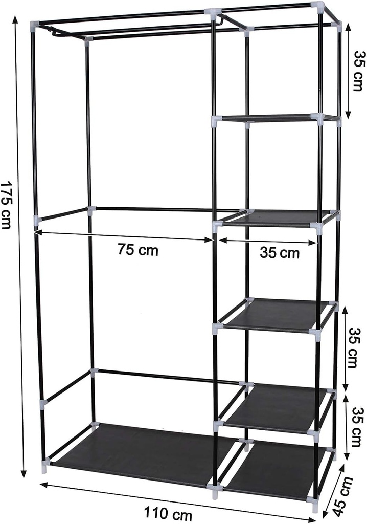 SONGMICS Kumaş Dolap, Elbise Dolabı, Katlanır Dolap, Elbise Çubuklu Kamp Dolabı, 110 x 175 x 45 cm, Siyah, Lsf007