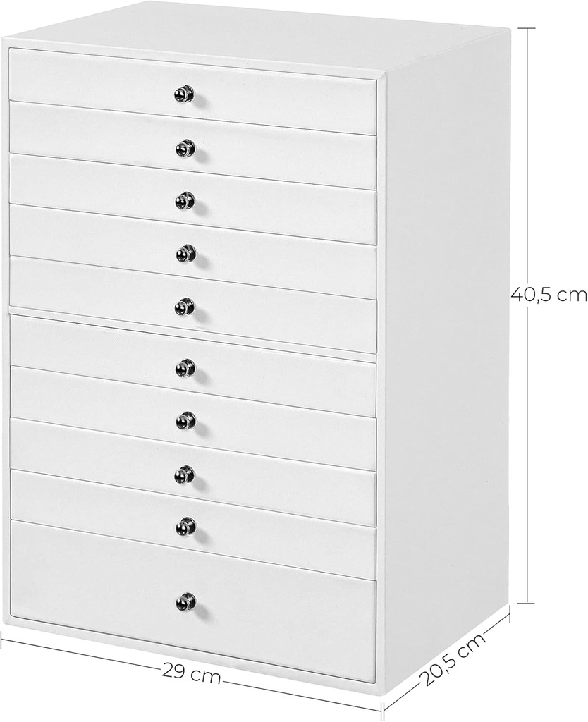SONGMICS Mücevher kutusu, 10 seviyeli mücevher kutusu, büyük sentetik deri mücevher kutusu, çekmeceli ve saat minderi, JBC10W, beyaz, 29 x 20,5 x 40,5 cm