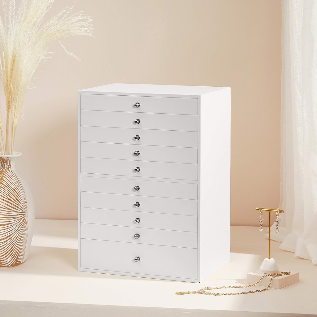SONGMICS Mücevher kutusu, 10 seviyeli mücevher kutusu, büyük sentetik deri mücevher kutusu, çekmeceli ve saat minderi, JBC10W, beyaz, 29 x 20,5 x 40,5 cm