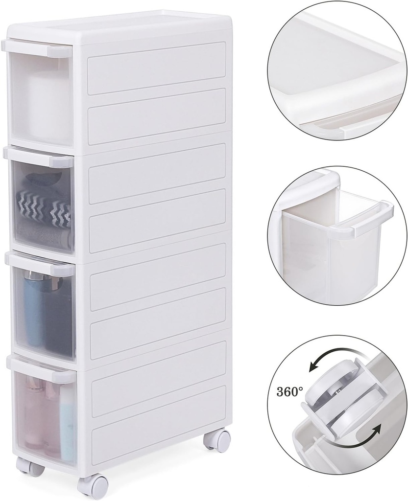SONGMICS 4 Çekmeceli Raf, 4 Katlı 2 Ayrı Parça Kullanım, Mutfak Rafı Banyo Raf Standı Tekerlekli Niş Raf 84,5 cm Yükseklik, Beyaz Kfr05W