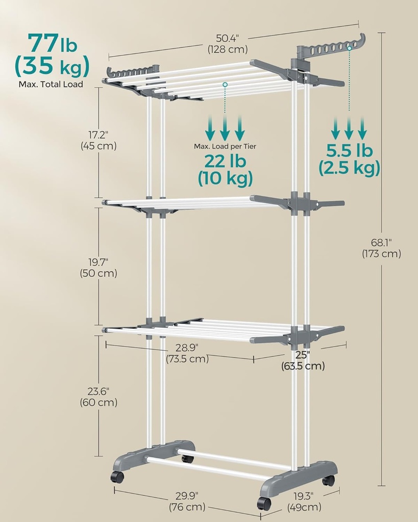 SONGMICS 4 Katlı Çamaşır Kurutma Askısı, Katlanabilir Çamaşır Kurutma Askısı 173 cm Yüksekliğinde, Çelik, ULLR701W01V2
