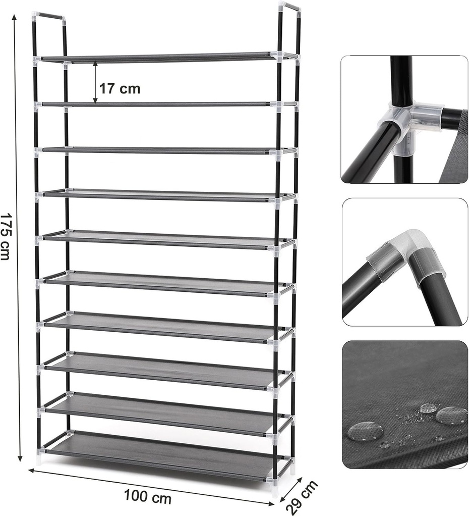 Songmics 10 Katlı Ayakkabı Rafı, 100x29x175 CM, Siyah, LSR10H