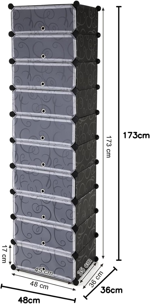 SONGMICS 10 Seviyeli Ayakkabı Dolabı, DIY, PP Plastikten, Devrilme Korumalı, 48 x 36 x 173 cm, Siyah LPC10H