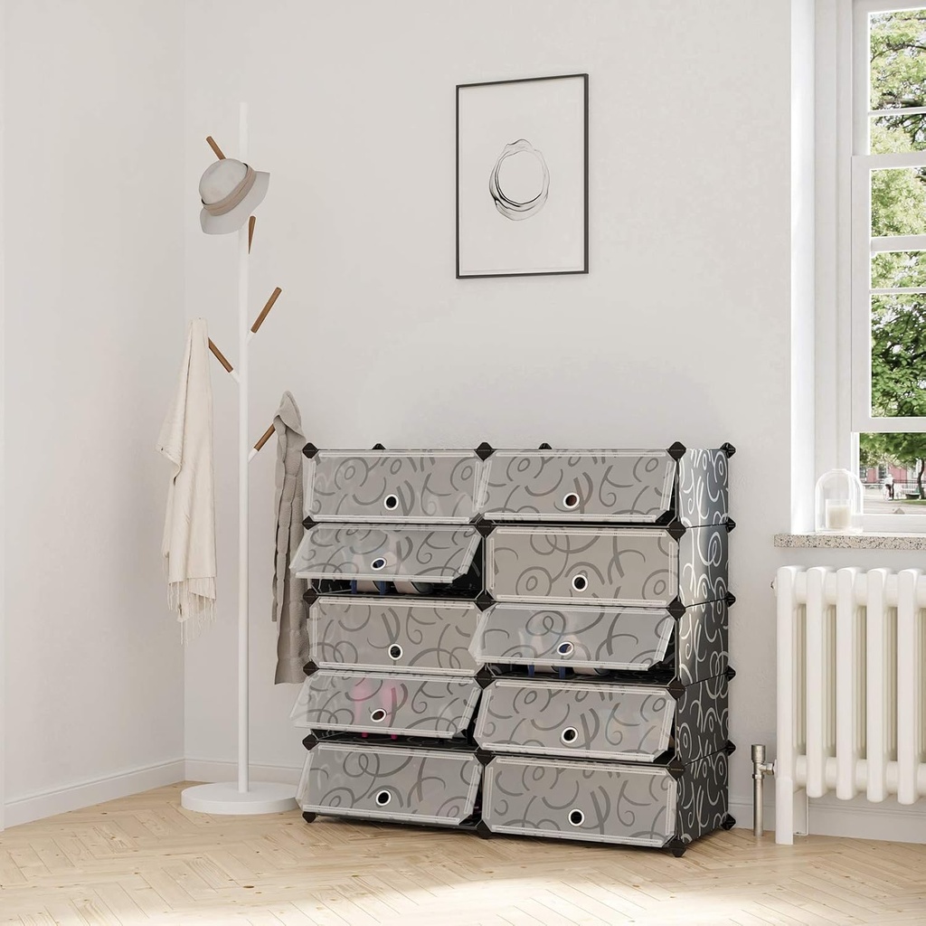 SONGMICS 10 Seviyeli Ayakkabı Dolabı, DIY, PP Plastikten, Devrilme Korumalı, 48 x 36 x 173 cm, Siyah LPC10H