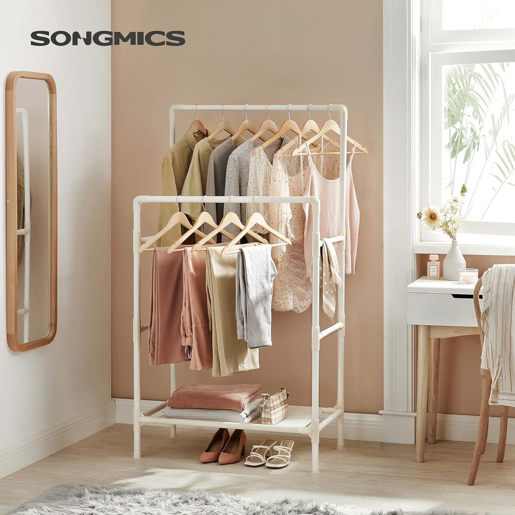 SONGMICS Giysi Rafı, 2 Asma Raylı Metal Stant, Maksimum Yük 55 Kg, Kolay Montaj, Beyaz RDR01WT