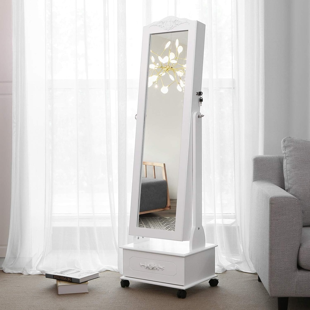 Songmics Tekerlekli ve Led Aydınlatmalı Kilitlenebilir Mücevher Dolabı, Beyaz, Jbc61W
