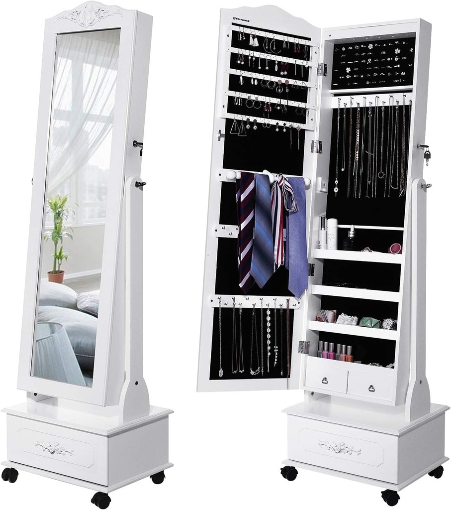 Songmics Tekerlekli ve Led Aydınlatmalı Kilitlenebilir Mücevher Dolabı, Beyaz, Jbc61W
