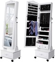 Songmics Tekerlekli ve Led Aydınlatmalı Kilitlenebilir Mücevher Dolabı, Beyaz, Jbc61W