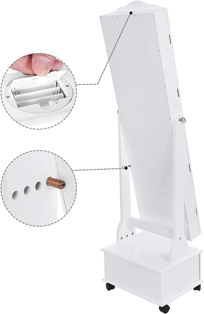 Songmics Tekerlekli ve Led Aydınlatmalı Kilitlenebilir Mücevher Dolabı, Beyaz, Jbc61W