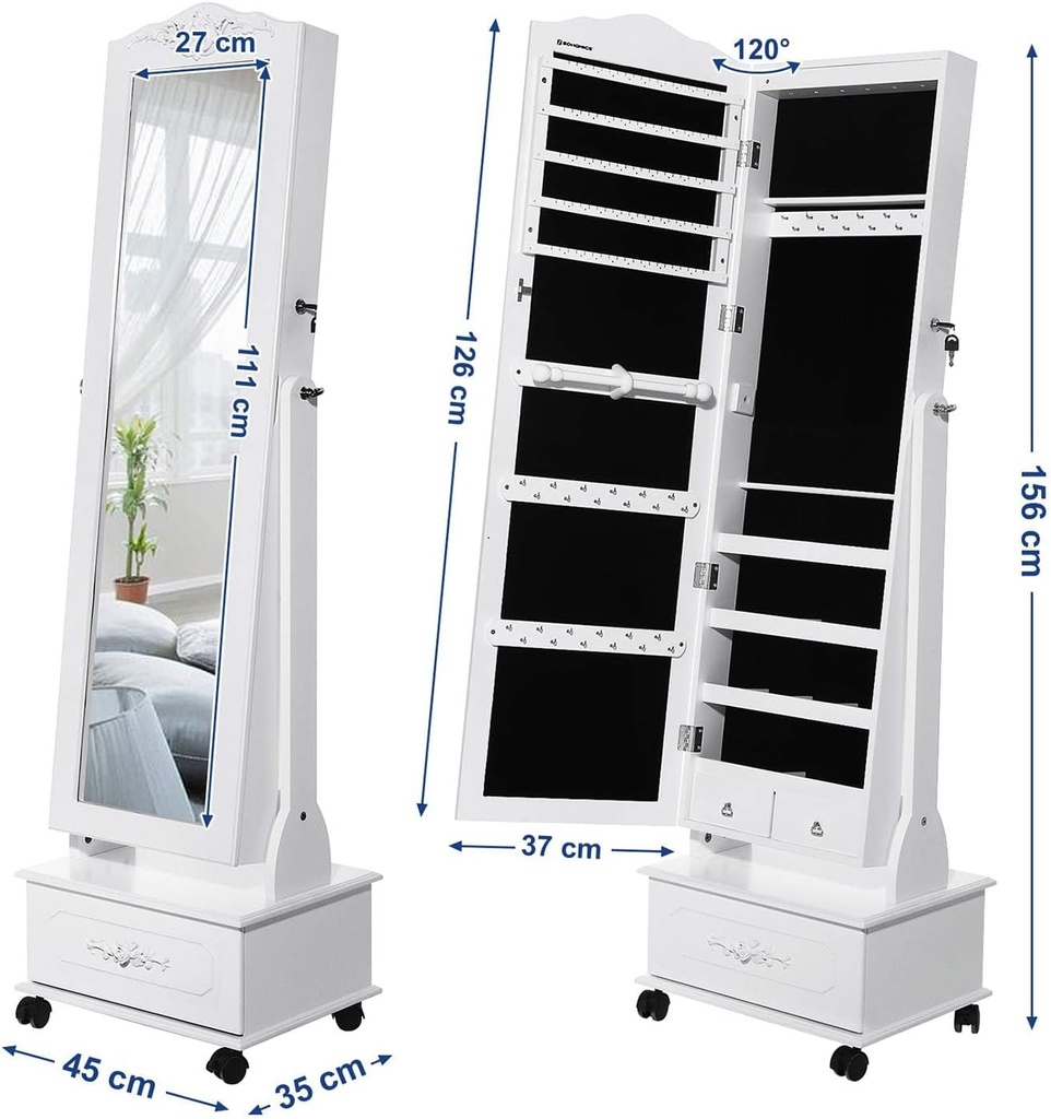 Songmics Tekerlekli ve Led Aydınlatmalı Kilitlenebilir Mücevher Dolabı, Beyaz, Jbc61W