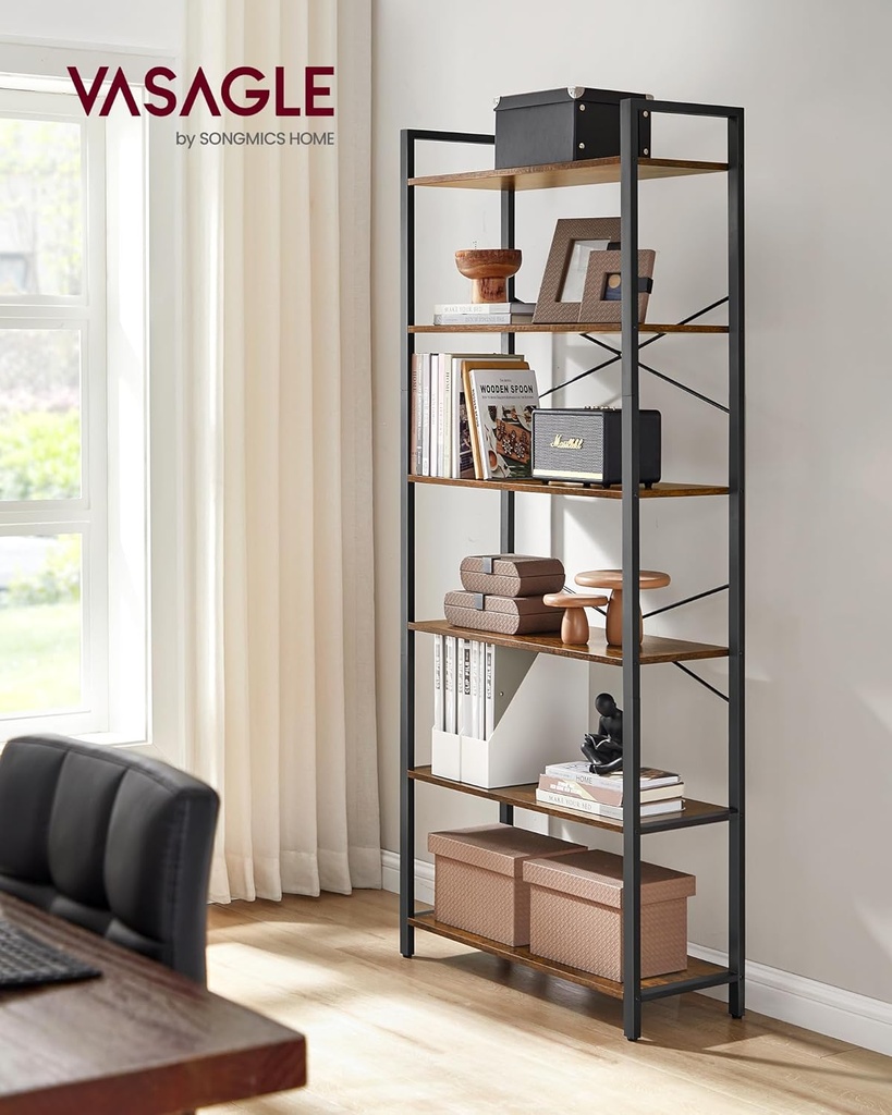 VASAGLE Kitaplık, 6 Katlı Raf, çelik çerçeveli yüksek rustik Raf, Oturma Odası, ofis, çalışma Odası, Koridor, Endüstriyel Tarz, 80 x 30 x 186 cm, rustik Kahverengi ve Siyah LLS082B01