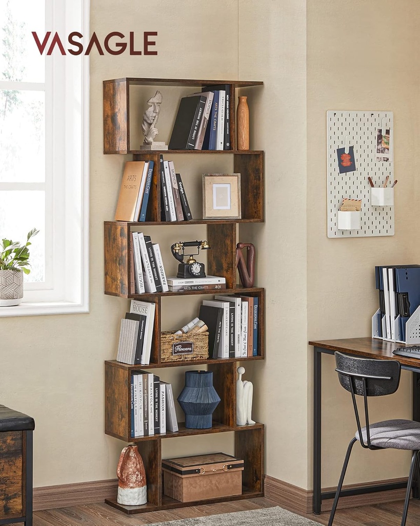 Vasagle Kitap Rafı, 6 Katlı Raf, Ayaklı Raf, Ofis Rafı, Bağımsız, Dekoratif Raf, Sunum için, Modern, Oturma Odası, Yatak Odası, Ofis, Vintabraun LBC61BX