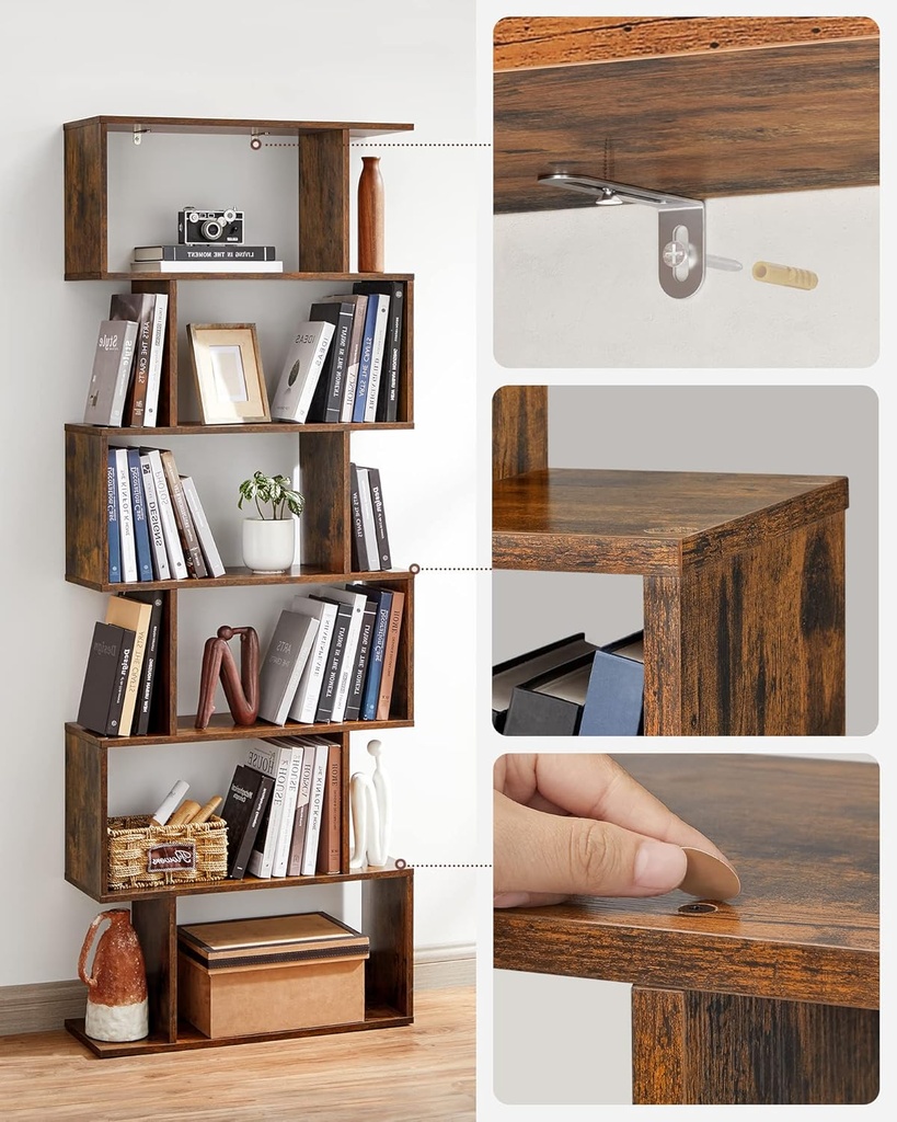 Vasagle Kitap Rafı, 6 Katlı Raf, Ayaklı Raf, Ofis Rafı, Bağımsız, Dekoratif Raf, Sunum için, Modern, Oturma Odası, Yatak Odası, Ofis, Vintabraun LBC61BX