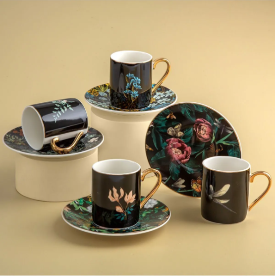Jumbo Black Garden 4 Kişilik Kahve Fincan Takımı