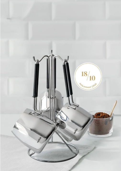 Nehir Modern 4 Parça Standlı Paslanmaz Çelik Cezve Seti