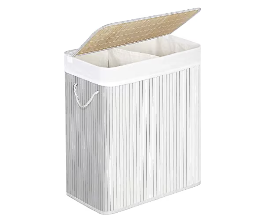 SONGMICS bambudan yapılmış çamaşır sepeti, 2 bölmeli çamaşır kutusu, kapaklı çamaşır ayırıcı ve çıkarılabilir çamaşır torbası, pamuklu kulplar, 100 L çamaşır kutusu, beyaz LCB64WT