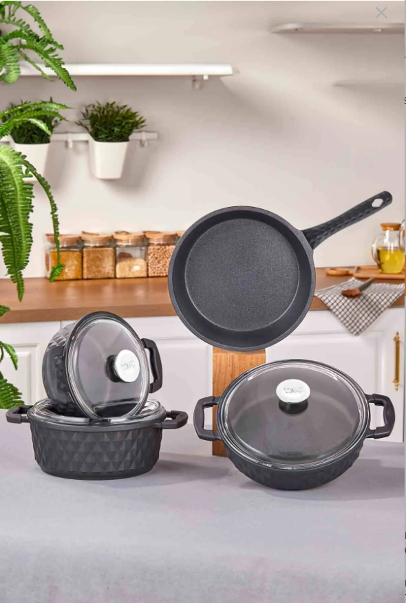 Taç Carabella Döküm Cam Kapak 7 Parça Tencere Seti Siyah - TAC-3817