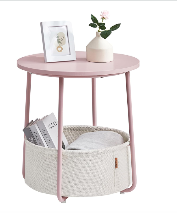 VASAGLE Yuvarlak sehpa, küçük masa, sehpa küçük, kumaş sepetli oturma odası masası, oturma odası, yatak odası için depolama alanı, modern komodin, beyaz-bej LET223W10