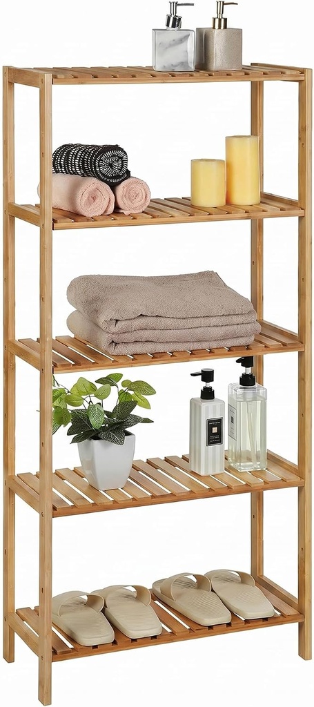 SONGMICS Banyo Rafı 5 Katlı Bambu Dik Raf 9 Seviyede Yüksekliği Ayarlanabilir Çok Fonksiyonlu, Oturma Odası, Koridor, Mutfak İçin Uygun 60x26x130 cm Doğal Renk Bcb35Y