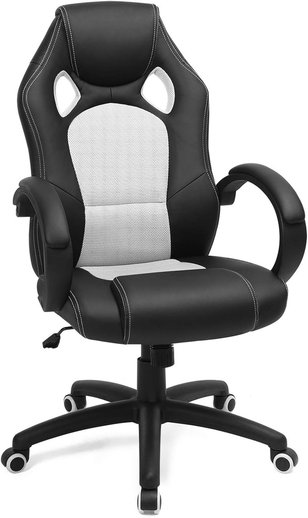 SONGMICS Yarış Koltuğu, Ofis Koltuğu, Oyun Koltuğu, Yönetici Koltuğu, Döner Sandalye, Poliüretan, Beyaz, Obg56Bw