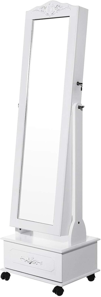 Songmics Tekerlekli ve Led Aydınlatmalı Kilitlenebilir Mücevher Dolabı, Beyaz, Jbc61W