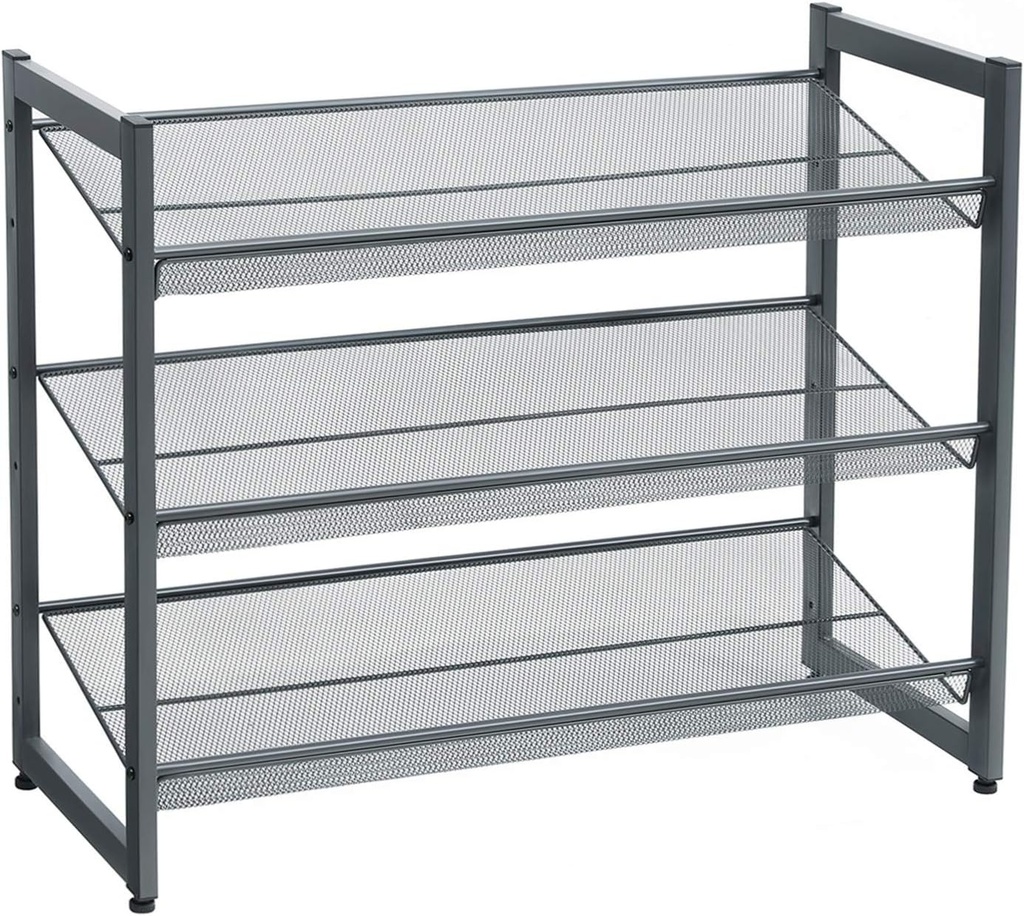 SONGMICS 3 Katlı Metal Ayakkabı Rafı, Fileli Raf, Ayarlanabilir Koyma Alanlı Düz veya Açılı Raf Zeminleri, Koridor, Giriş Alanı İçin Istiflenebilir Depo Rafı, 74x62,8x30,7 cm, Koyu Gri, Lmr03Gb