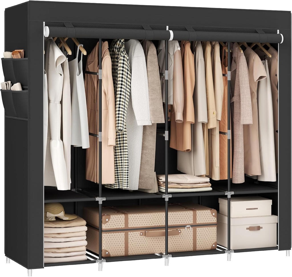 SONGMICS Kumaş Dolap, Elbise Dolabı, 45 x 170 x 167 cm, 4 Askılı Bölmeli, 4 Yan Cepli, Yatak Odası, Oturma Odası için Geniş Alan, Siyah RYG094B02
