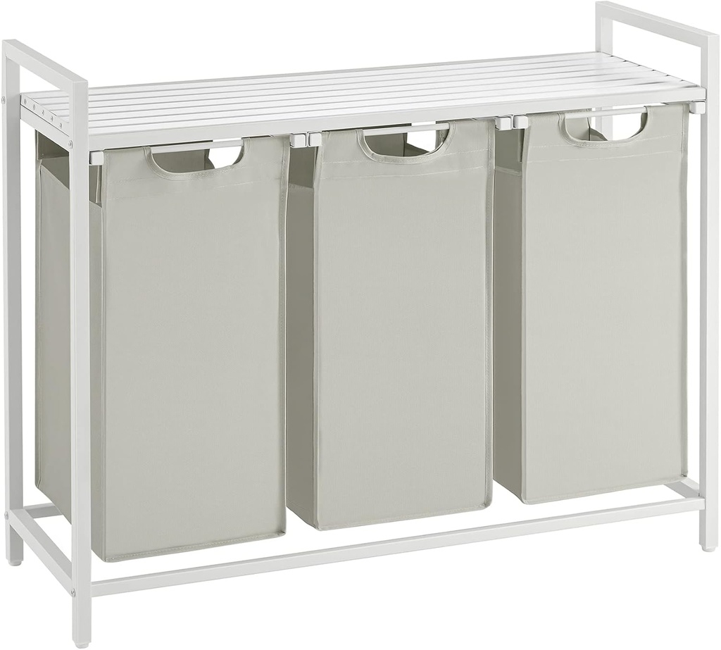 VASAGLE Çamaşır Sepeti 3 Bölmeli, Raflı Çamaşır Torbası, Çamaşır Kutusu, Oxford Kumaştan Uzatılabilir Çamaşır Torbası, Metal Çerçeve, 3 x 38 L, 92,5 x 33 x 72 cm, Beyaz BLH301W01