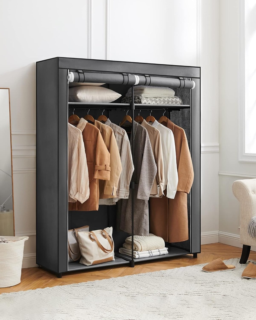 SONGMICS RYG02GY elbise dolabı, 2 elbise askılı gardırop, kıyafet muhafazası, kumaş dolap, elbise askısı, katlanabilir, giyinme odası, yatak odası, 43 x 140 x 174 cm, gri
