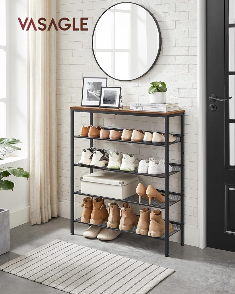 VASAGLE Ayakkabı Rafı 5 Katlı Ayakkabı Dolabı Açık Ayakkabı Rafı Ayakkabı Rafı 75 x 28 x 93 cm Çantalar için Büyük Yüzey Giriş Koridoru Metal Endüstriyel Tasarım Vintage Kahverengi Siyah LBS038B01