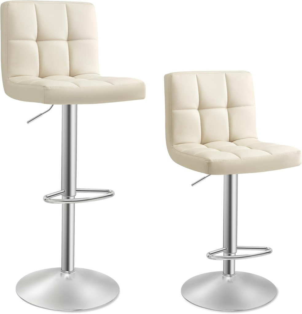 SONGMICS LJB064K03 Bar Tabureleri 2'li Set, PU Kapaklı Yüksekliği Ayarlanabilir Bar Sandalyesi, 360° Döner Sandalye, Arkalıklı ve Ayaklıklı Mutfak Sandalyeleri, Yemek Odası, Tezgah, Çelik, Kum Beji