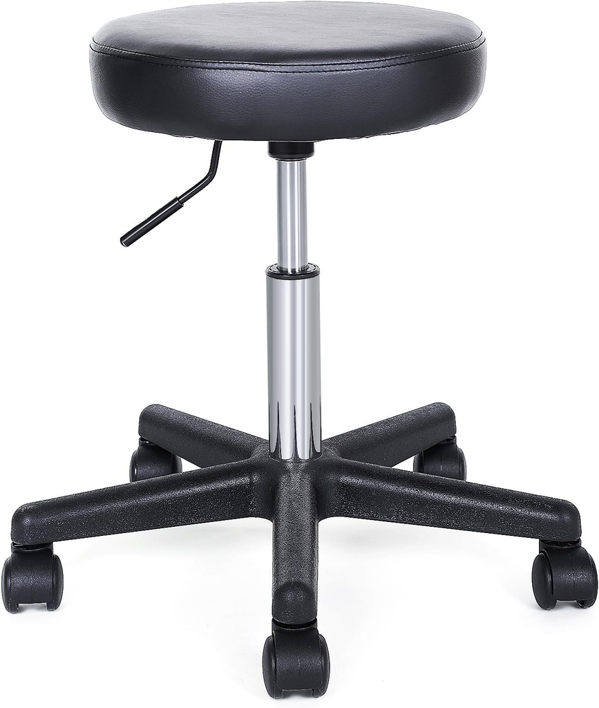 SONGMICS Döner Tabure, Tekerlekli, Yüksekliği Ayarlanabilir Tekerlekli Tabure, 46-58 cm Suni Deri Kaplı Çalışma Taburesi, Siyah Ljb61B