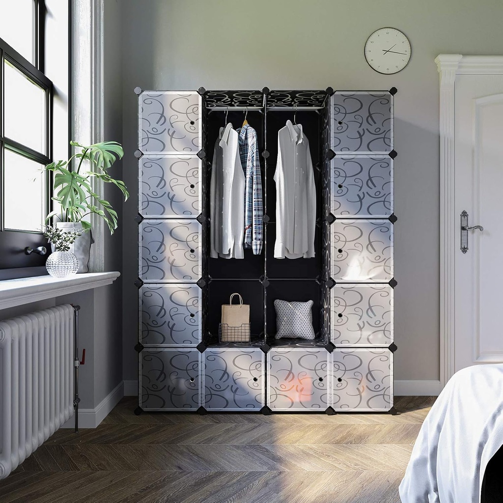 SONGMICS 2 Elbise Askılı Gardırop, Modüler Kombinasyon Dolabı, Yerden Tasarruf Sağlayan Vidasız Raf Sistemi, 143 x 36 x 178 cm, Siyah Lpc30H