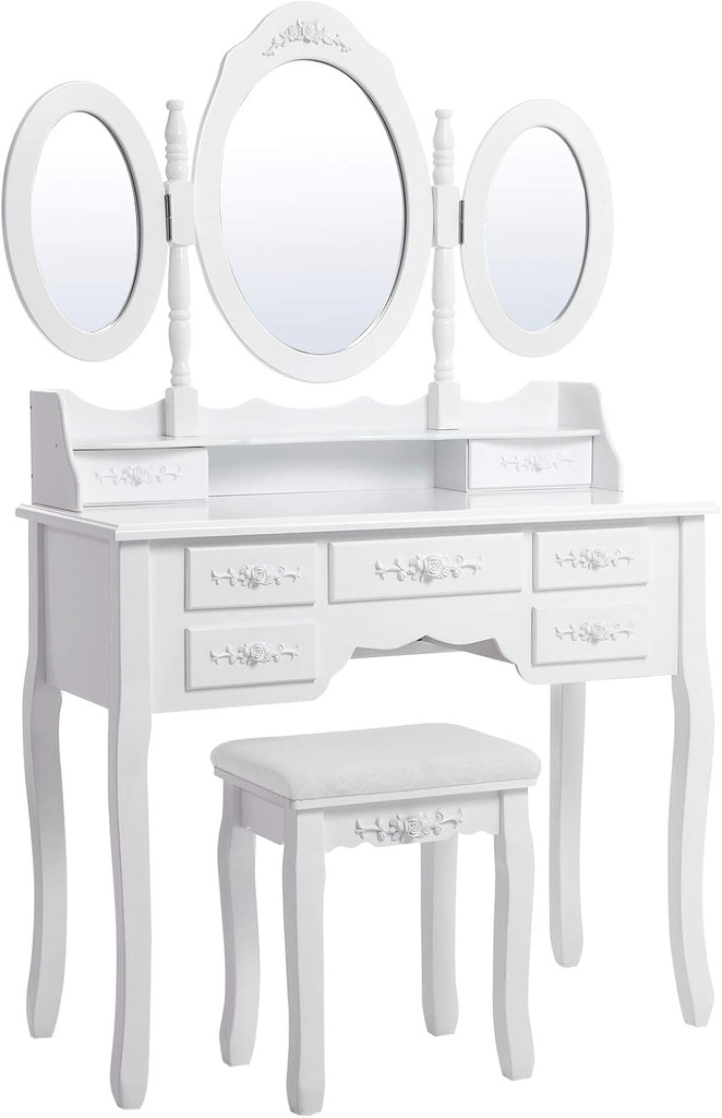 SONGMICS 3 aynalı ve tabureli tuvalet masası, 7 çekmece, eğim koruması, lüks, 145 x 90 x 40 cm, beyaz RDT91W