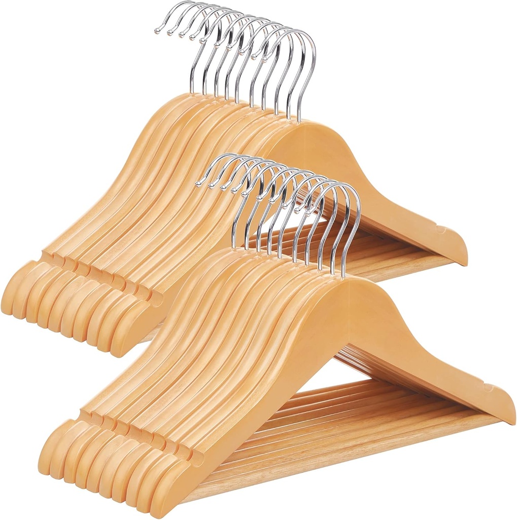 SONGMICS Çocuk Ahşap Askıları, 20'li Paket, Çentikli Askı, 360 Derece Döner Kanca, Doğal, 35 cm Crw006-20