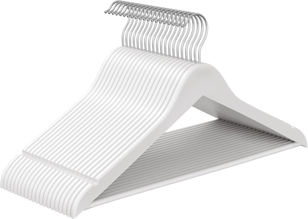 SONGMICS ahşap elbise askısı, 20'li set, masif ahşap askılar, omuz bölgesinde çentikler, kaymaz pantolon çubuğu, 360° dönebilen kanca, takım elbise, gömlek için, beyaz-gümüş CRW03W-20