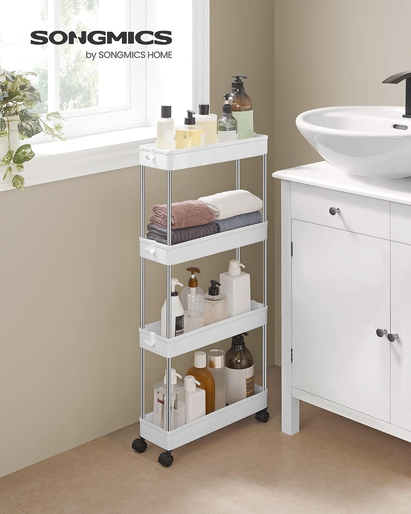SONGMICS 4 Tier Plastic Mobile Shelf, Slim Space Saving Organizer, for Small Spaces, Kitchen, Bathroom, Office, 42 x 13.5 x 87 cm, White KSC08WT