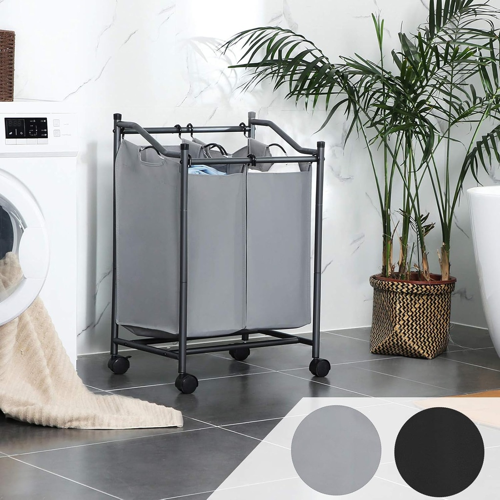 SONGMICS çamaşır ayırıcı, tekerlekli ve 2 bölmeli, çamaşır sepeti, çıkarılabilir çantalı çamaşır arabası, toplam kapasite 90 l, siyah, LSF002BK