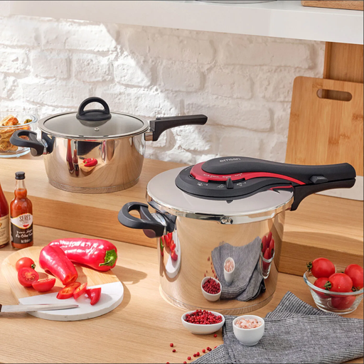 [AZN] Emsan Up-line Kırmızı 4+6 Lt Klasik Paslanmaz Çelik Düdüklü Tencere Seti