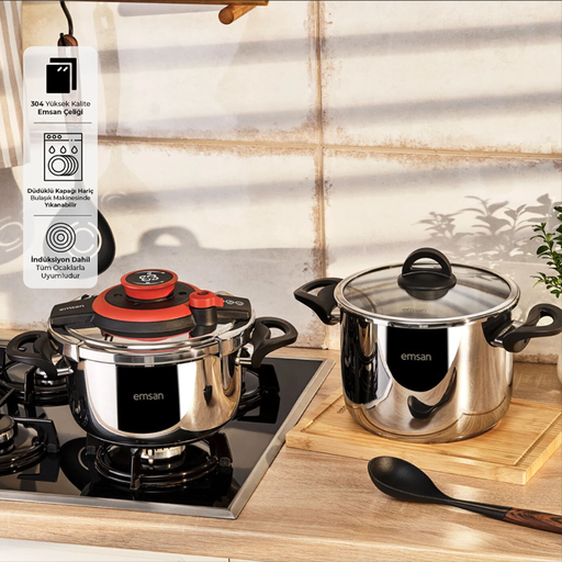 [AZN] Emsan Vera Düdüdklü Tencere Seti 4+6 Lt Kırmızı