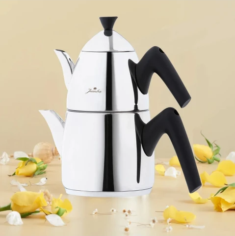 [AZN] Jumbo Çaydanlık Takımı Paslanmaz Çelik Siyah Kulp ile 1 lt Demlik 2 lt Su Kapasitesi