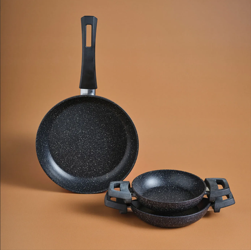 [AZN] Karaca Biogranit Dide Siyah Granit Kaplamalı Düz Tava ve Sahan Seti 3 Parça 16-18-24 cm